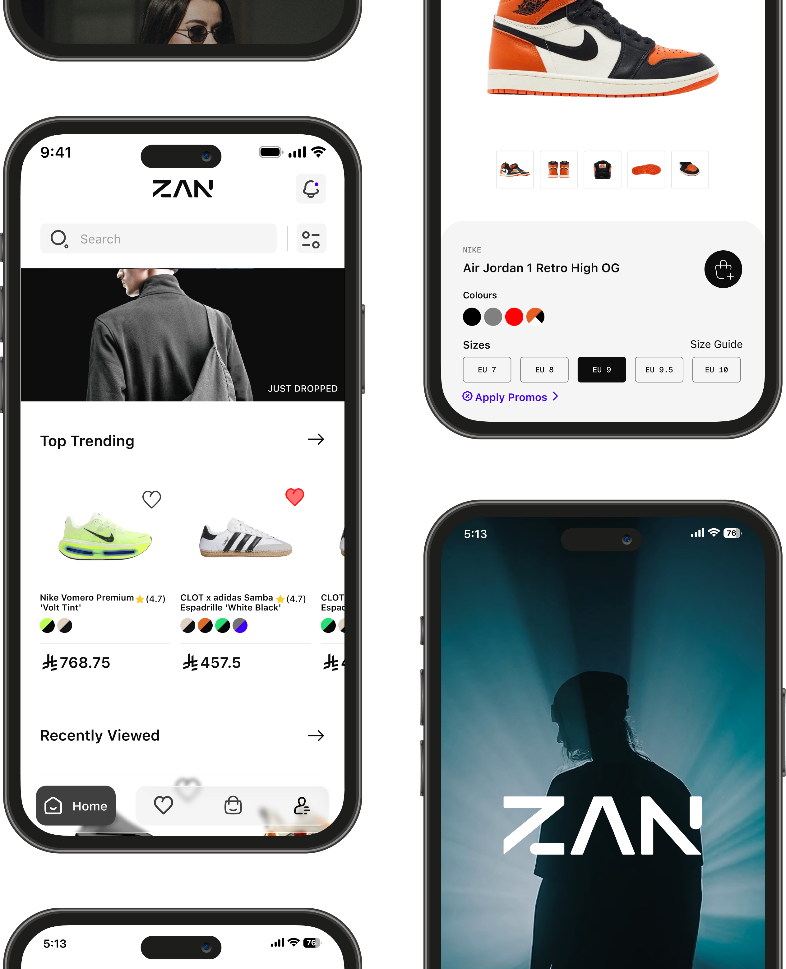 ZAN marketplace app screens